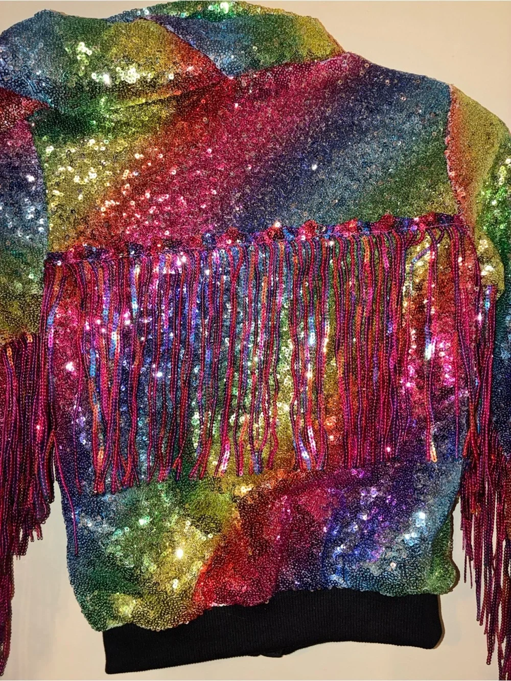 NWT Rainbow Sequin Fringe Bomber Jacket Girls Medium | Y2K| performance wear